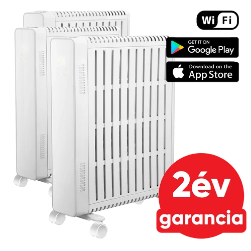 elektromos radiátor, mely az olajradiátorok klasszikus kialakítását a fűtőpanelek hatékonyságával egyesíti - 2000 Watt, mobil fűtőtest - 3 db szett