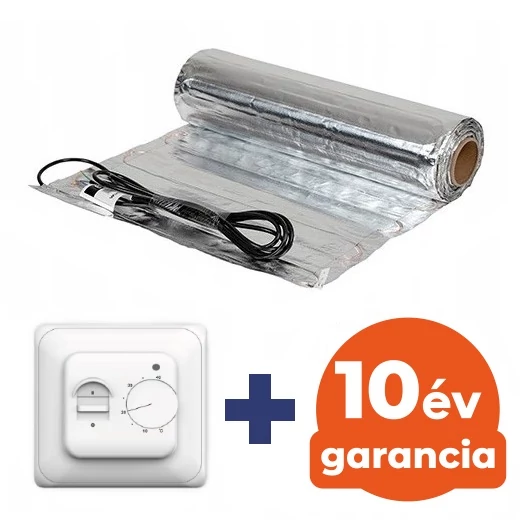 FALCON U-HEAT Alu-Mat elektromos fűtőszőnyeg laminált padlóhoz 1 m2 = 140 Watt (elektromos padlófűtés 140 W/m2) + Manuális fali termosztát padlóhőmérséklet szenzorral szettben